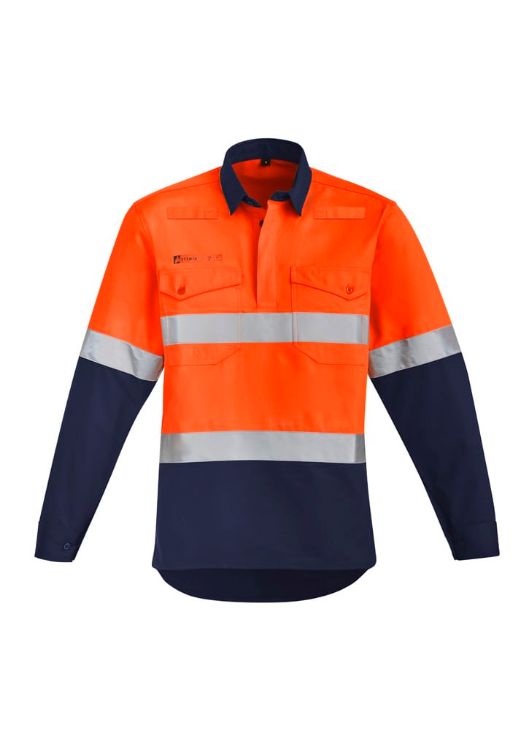 Picture of Mens Orange Flame Hi Vis Closed Front Shirt - Hoop Taped