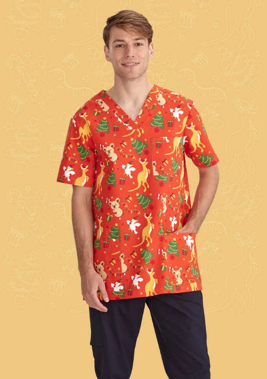 Picture of Mens Christmas V-Neck Short Sleeve Scrub Top