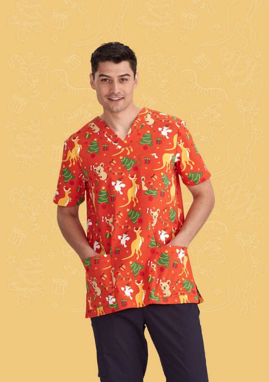 Picture of Mens Christmas V-Neck Short Sleeve Scrub Top